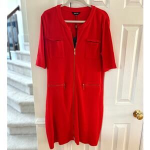 NWT Exclusively Misook Orange Red Zip Front Short Sleeve Preppy Shift Dress